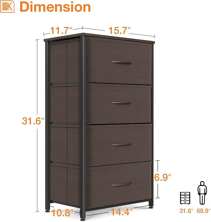 ODK Dresser for Bedroom with 4 Storage Drawers, Small Dresser Chest of Fabric Drawers with Sturdy Steel Frame, Wood Top, Brown