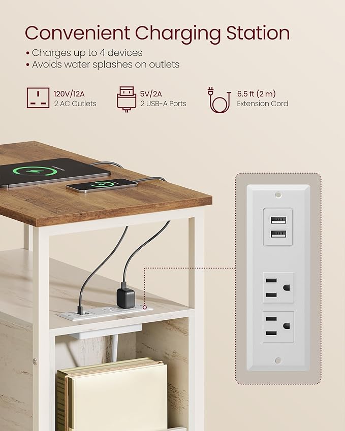 VASAGLE Side End Table with Charging Station, Slim Nightstand with 2 Drawers, Narrow Bedside Table for Living Room, Small Spaces, Honey Brown and Rustic White ULET321W01S