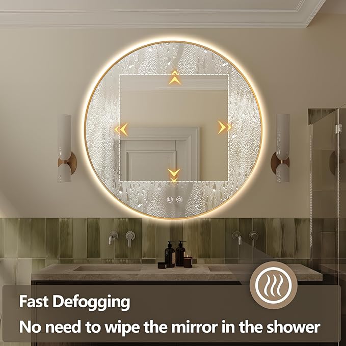 Niccy Round Led Mirror for Bathroom, 40" Backlit Mirror for Wall Circle Lighted Mirror with Gold Frame Anti-Fog, 3 Colors, HD Glass and IP65 Waterproof