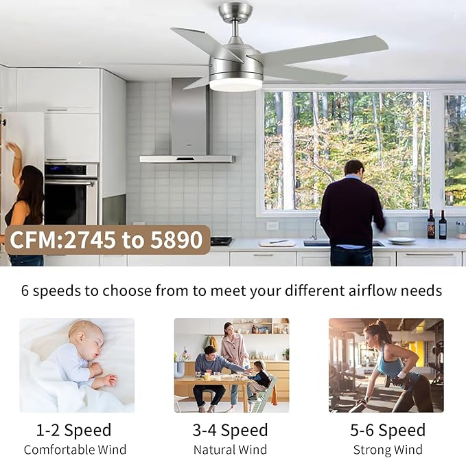 YUHAO 52 Inch Brushed Nickel Ceiling Fan with Light and Remote Control.Noiseless,Dimmable,3CCT,6 Speeds Reversible, DC Ceiling Fans for Indoor or Covered Outdoor
