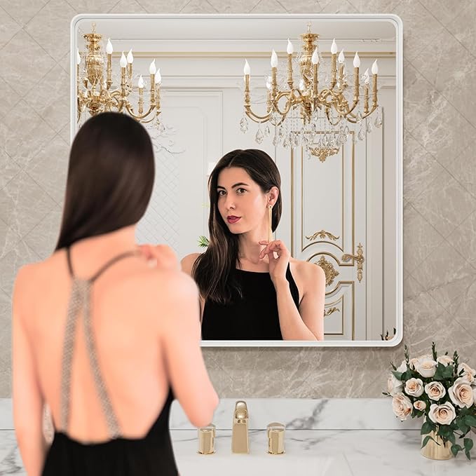 LOAAO 36x36 Inch White Metal Framed Bathroom Mirror for Wall, White Bathroom Vanity Mirror Farmhouse, Large Rounded Rectangle Mirror, Anti-Rust, Tempered Glass, Hangs Horizontally or Vertically