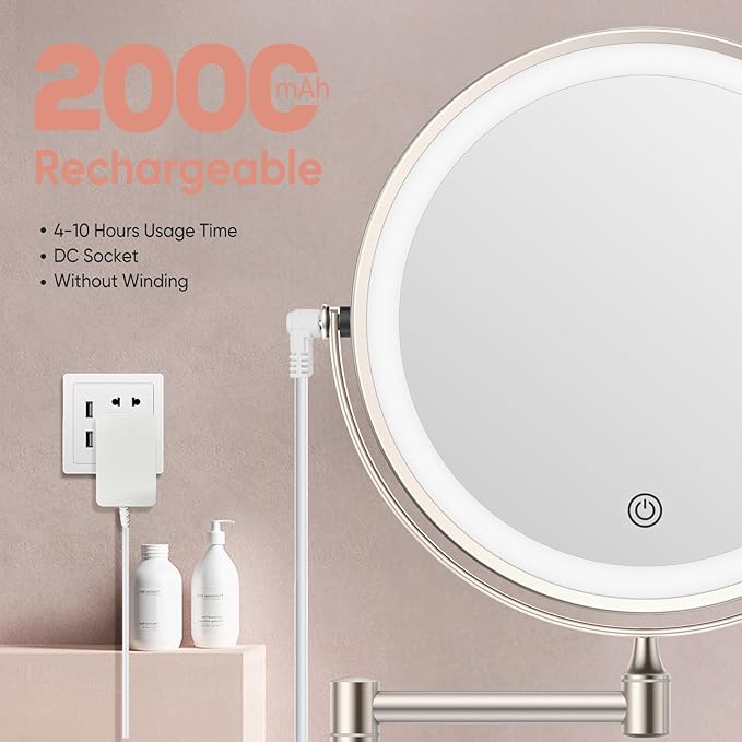 FASCINATE Rechargeable Wall Mounted Makeup Mirror with Lights and Magnification, 8 Inch Double Sided 1X 10X Magnifying Bathroom Mirror with 3 Color Lights & 360° Rotation Vanity Mirror - Nickel