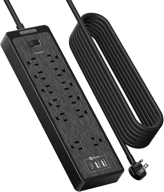 NTONPOWER 25 Ft Extension Cord Flat Plug, 12 Outlets(2 Widely Space) 3 USB with 2100J Surge Protector Power Strip, Overload Protection, 1875W/15A, Wall Mount for Home Office, Workbench or Garage,Black