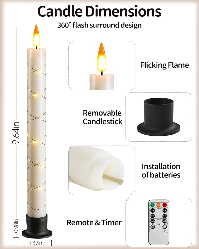 Da by 3 Flameless Window Candles with Remote Control & Timer, Battery Powered Surround Fairy Lamp, 9.6" Christmas Candle, Free 3 Black Bases for Home, Festive, Christmas, Wedding & Event Decoration