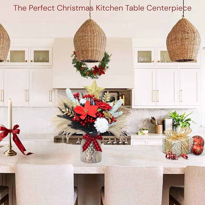 Christmas Centerpieces for Tables, Holiday Table Decor, 100pcs Christmas Floral Arrangements In Vase, Xmas Decorations For Coffee Kitchen Dining Table, Artificial Poinsettia Red Berry Pine Branches