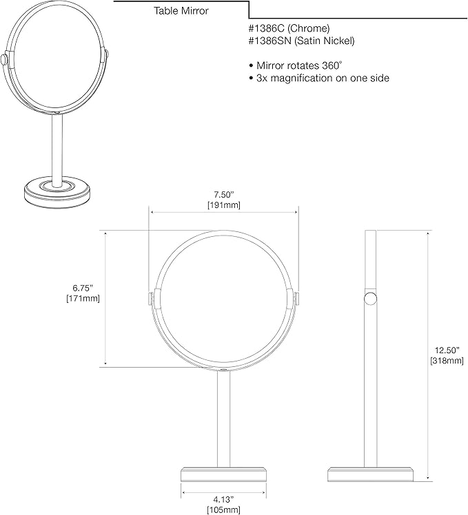 Gatco 1386C Latitude II Minimalist Bathroom Counter Top Vanity, 3x Magnification Makeup Mirror, 12.5" Height, Chrome
