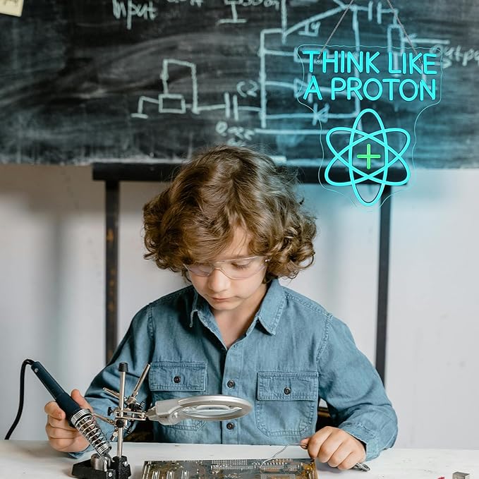 Think Like a Proton Neon Sign – Dimmable LED Wall Light with USB Power, 5V/2A – Science-Themed Room Decor for Kids, Students, Dorms, Offices, and Gift Ideas