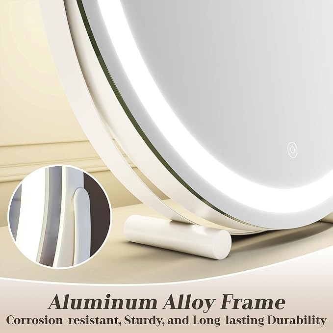 Vanity Makeup Mirror with Lights, 18 Inch LED Makeup Mirror, Lighted Vanity Mirror with Lights, Smart Touch Control 3 Colors Dimmable Round Mirror, Tabletop ＆ Desk Mirror, 360°Rotation (White)