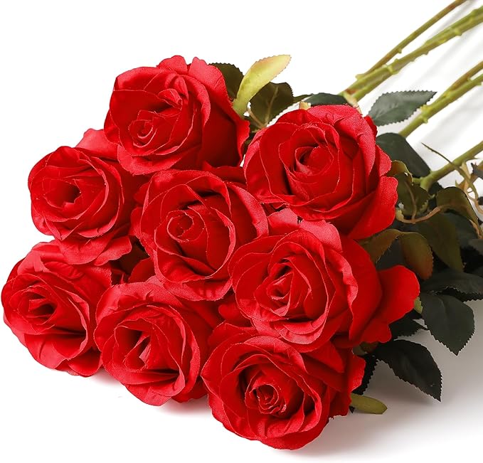 JUSTOYOU 8PCS Red Roses Artificial Flowers Realistic Long Stem Fake Roses Bouquet, Faux Silk Flowers for DIY Bouquets Wedding Centerpieces Arrangements Home Party Decor
