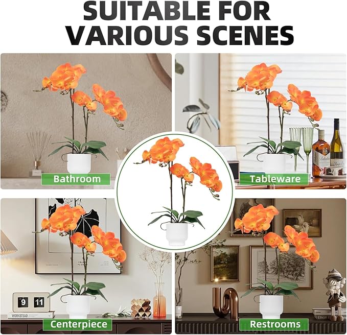 CXGS Orchids Artificial Flowers Real Touch Fake Flowers in Ceramic Pot 20" Orange Faux Orchid Plant Lifelike Silk Phalaenopsis for Centerpiece Hotel Home Indoor Decor