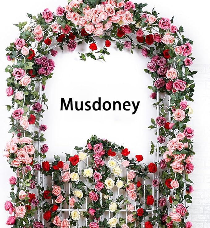 Musdoney 4Pcs 32.2 FT Fake Rose Vine Flowers Plants Artificial Flower Garland Hanging Rose Ivy Home Hotel Office Wedding Party Garden Craft Art Decor (Red)