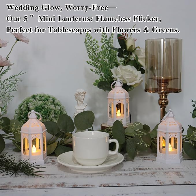 LLQ 8 Pcs Mini Lantern Decor Moroccan Lantern with Flickering LED Candle Table Centerpiece Small Vintage Wedding Hanging Lamp Ornaments Bulk for Wedding Halloween Christmas Party (5 Inch,White)