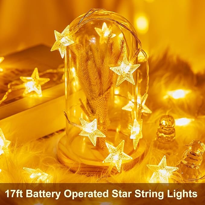 Minetom Star String Lights Battery Operated - 2 Pack 17 ft 50 LED Star Fairy String Lights with Timer, Waterproof for Indoor Bedroom Tent Loft Bed Patio Party Wedding Decor, Warm White
