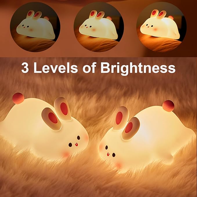 ANGTUO Bunny Night Light, Big Face Rabbit, Dimmable & Rechargeable, Cute White Night Light, Kawaii Room Decor