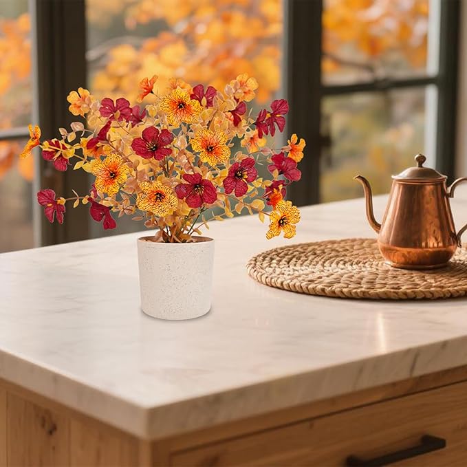 Fake Potted Plants 4pcs, Artificial Fall Flowers with Vase, Autumn Harvest Decoration for Home Indoor Outdoor, Table Plants Farmhouse Decor for Kitchen, Bedroom, Living Room, Bathroom