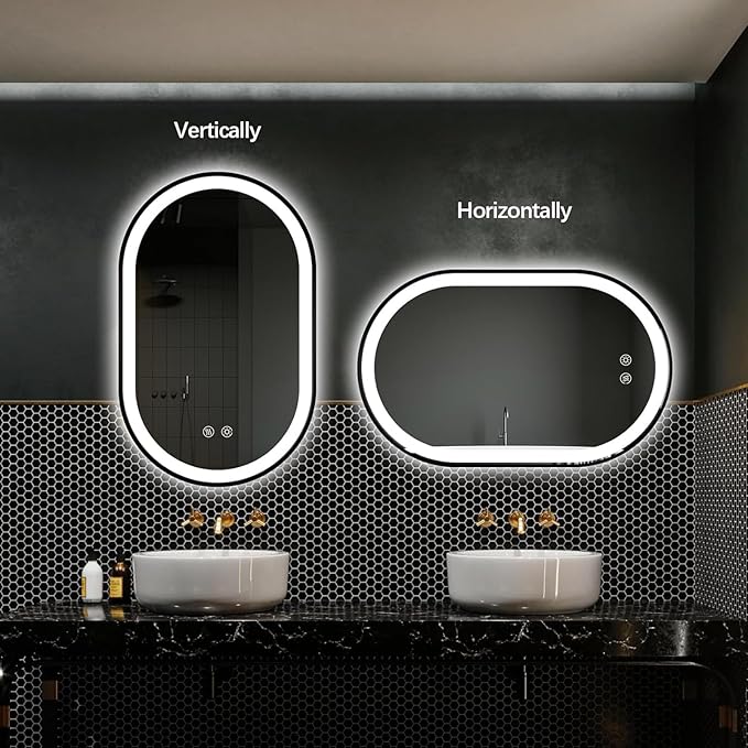 Niccy Oval LED Mirror for Bathroom, 32x20 Front Lit + Backlit Vanity Mirrors with Light Anti-Fog, Shatter-Proof, Makeup Mirror with Black Frame (Horizontal/Vertical)
