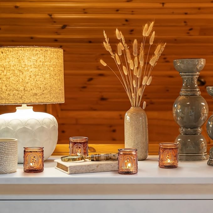 12 Pcs Vintage Amber Votive Candle Holders- Glass Amber Candle Holder for Centerpiece Table Decorations, Tea Light Candle Holders for Wedding Decor, Fall Decor, Thanksgiving and Christmas