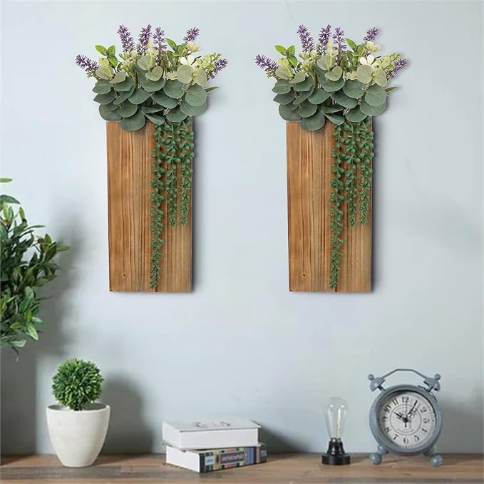 Wood Wall Planters 2 Pack with Artificial Greenery Plants - Pocket Wall Vases for Dried Flowers - Wood Wall Decor Hanging Planters for Living Room, Bedroom, Home Decor - Brown