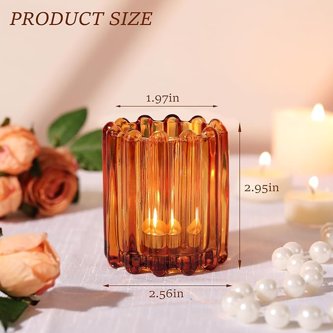 Glass Amber Votive Candle Holder, Ribbed Votive Candle Holders Set of 12, Tealight Candle Holder for Wedding Centerpieces Dinner Party Table Decor