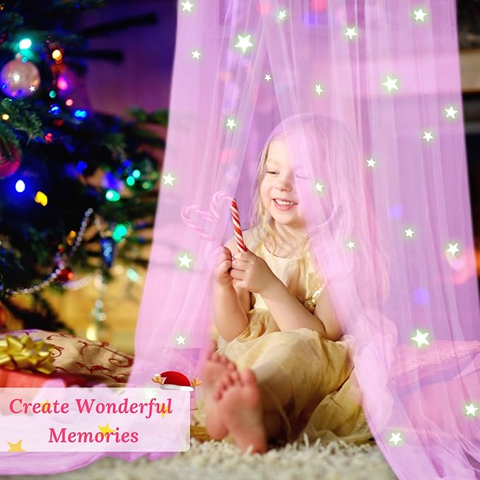South to East Princess Bed Canopy with Glowing Stars, Pink Canopy for Girls' Room, Bed Canopy Curtains from Ceiling for Twin & Full Size Beds, Ideal Gift, Fire Retardant Fabric