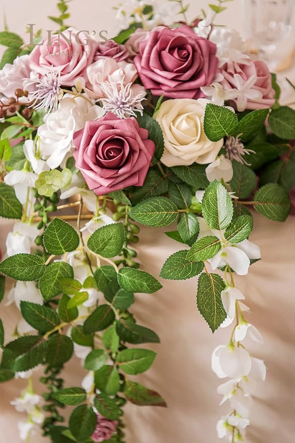 Ling's moment Artificial Flowers 50Pcs Torrid Blush Roses Decor w/Stems,3" Real Touch DIY Foam Floral for Wedding Bouquet/Centerpieces, Outdoors Party Backdrop, Room/Table, and Garden/Pot Decorations