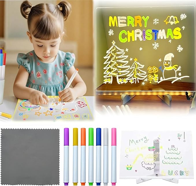 LED Note Board with 7 Colors Pen, 2025 New Acrylic Message Marker Board with Stand, Lighted Acrylic Dry Erase Board Illuminated Drawing Board Light with Colors for Office Home Christmas (20 * 20 cm)