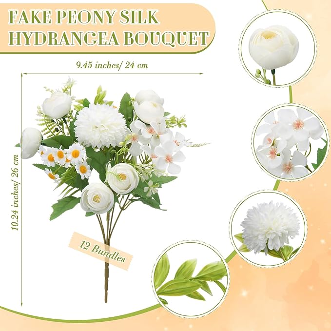 Tigeen 12 Bundles Peonies Artificial Flowers Faux Roses Silk Flowers Hydrangea Artificial Bouquet for Wedding Table Centerpiece Floral Vase Home Office Bridal Decor (Pure White)