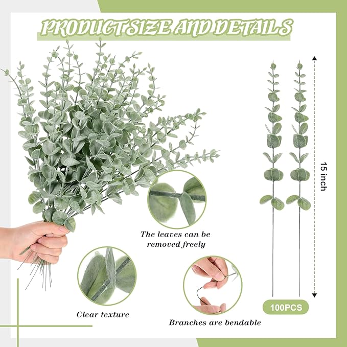 100 Pcs Eucalyptus Stems Faux Greenery Artificial Eucalyptus Leaves Eucalyptus Decor Greenery Stems Faux Greenery Branches for Wedding Centerpiece Flowers Bouquet Farmhouse Home Decor (Light Green)