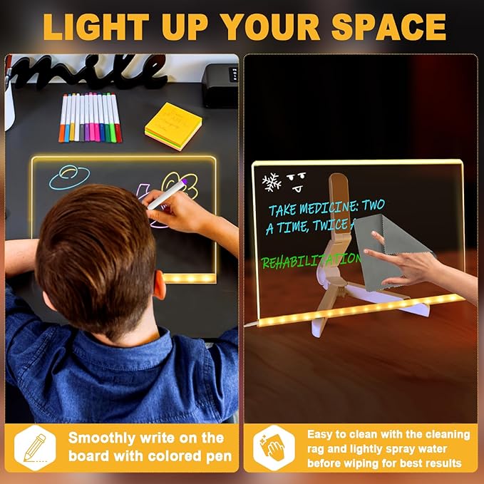 LED Acrylic Message Board, Light Up Acrylic Dry Erase Board 11.8x7.9” with Stand, LED Note Board with Colors for Kids, Glow Memo Message Writing Board with Light, Drawing Stencils Set Included