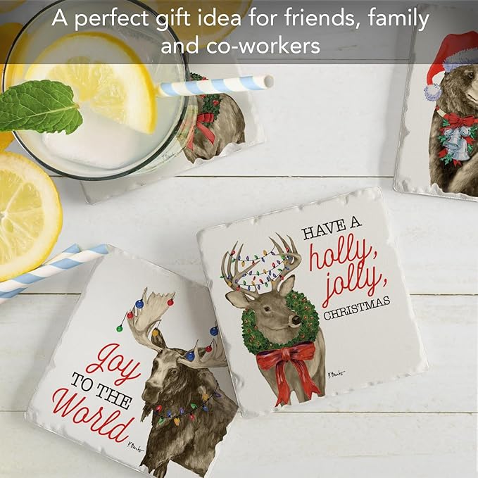 Thirstystone Merry Lodge Creatures 4 Pack Assorted Tumbled Tile Stone Coasters with Protective Cork Backing 4" Square Manufactured in The USA