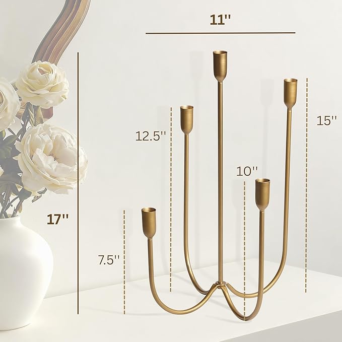 Perfnique 5-Candle Iron Candelabra, 17 Inch Antique Brass Gold Candle Holder, Hand-Forged Cast Gold Candle Holder for Wedding, Event, Christmas & Dining, Table Centerpiece Décor