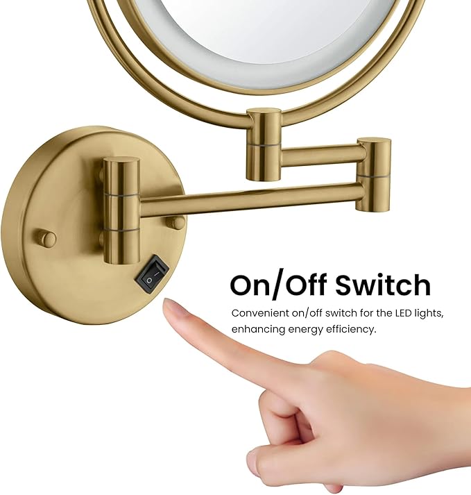 KIBI Circular Wall Mount Makeup Mirror with LED Lights, Dual-Sided 1x/5x Magnifying Mirror with Adjustable Arm, 360° Swivel, Solid Brass Construction for Durability and Style (Brushed Brass, KMM101)