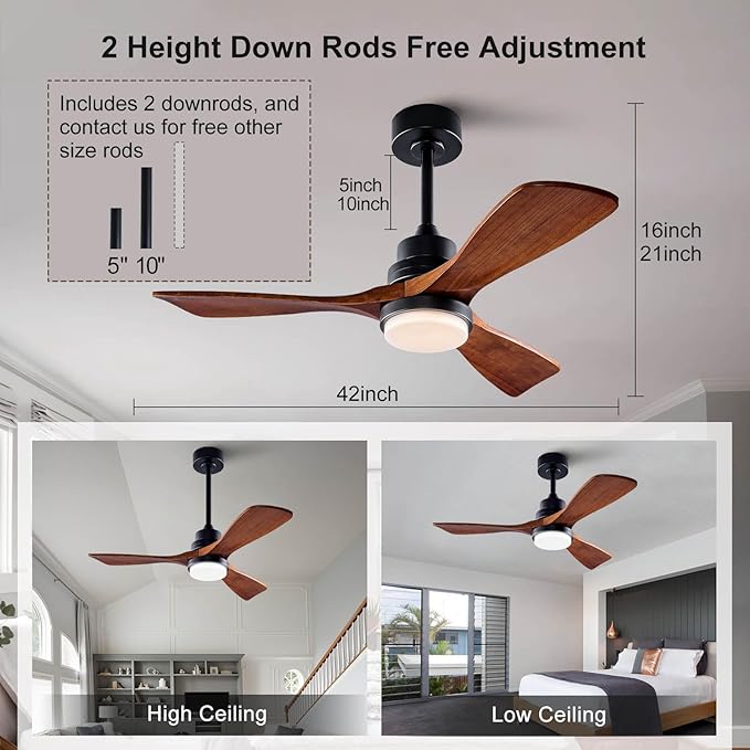 BOJUE 42 Inch Black Ceiling Fans with Lights and Remote,Dimmable LED Light,Quite Reversible DC Motor,Memory Function,Modern Solid Wood Indoor Outdoor Ceiling Fan with Light for Office Patios