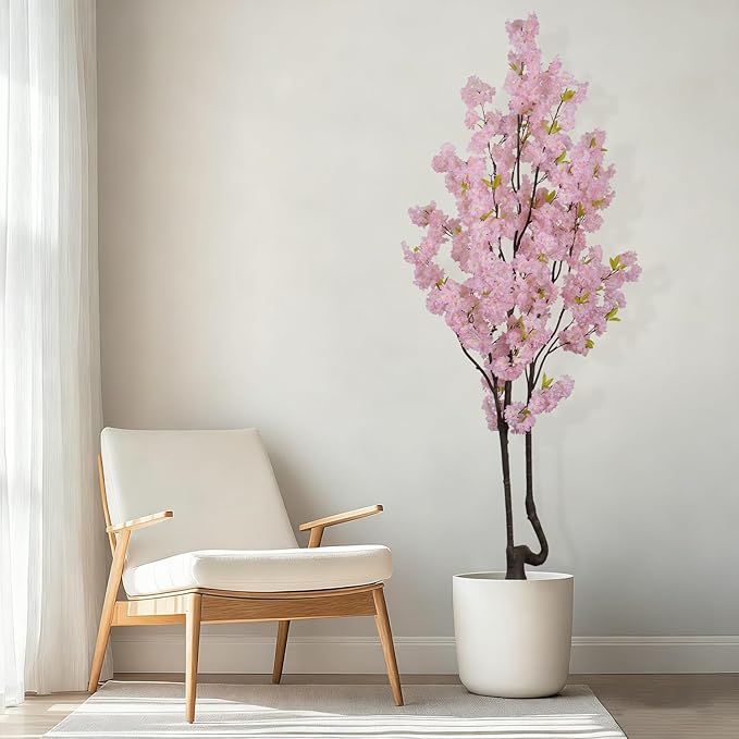 7FT Artificial Pink Cherry Tree,Lifelike Handmade Natural Fake Cherry Blossom Tree,Faux Realistic Sakura Tree,Perfect Decoration for Wedding,Home,Party,Festive