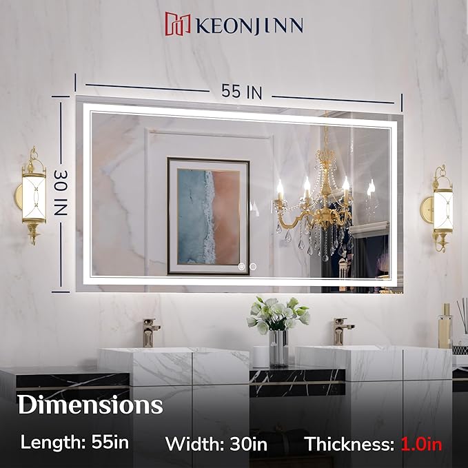 Keonjinn 55 x 30 Inch Bathroom LED Mirror, Oversized Lighted Bathroom Mirror, UL Listed LED Driver, HD Tempered Glass, Easy Installation, Anti-Fog, Memory Dimmable 6000K, CRI 90+(Horizontal/Vertical)