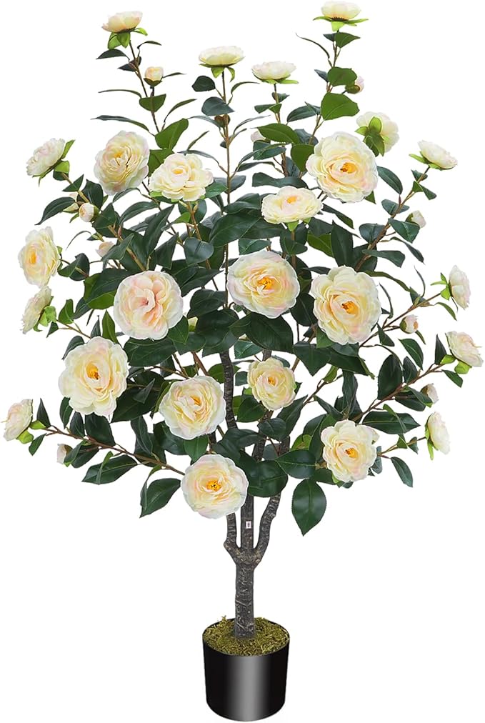 3.6FT Artificial Camellia Fake Tree, Artificial Plants & Flowers with 32 Yellow Pink Flowers for Door Front Decoration Porch Patio Living Room Office Indoor Outdoor Decoration (Contains Dried Moss)