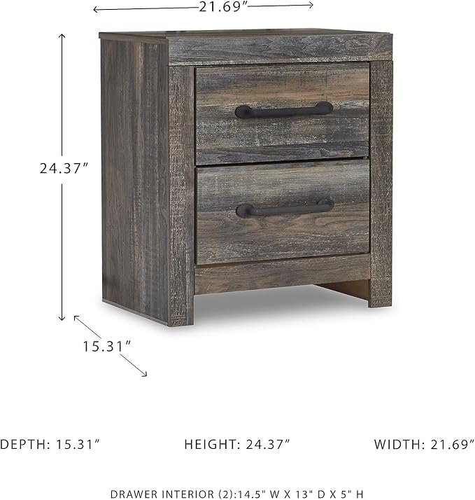 Signature Design by Ashley Drystan Rustic Industrial 2 Drawer Nightstand with 2 Slim-Profile USB Charging Stations, 24.37" Tall, Weatherworn Brown