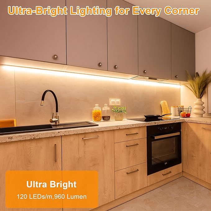 maylit Under Cabinet Strip Lighting Plug in 24in, Ultra Bright Small LED Light Bar, 2700K Warm White, Wired Lights for Kitchen Cabinet, Counter, Workbench, Desk, Closet, Shelf, Indoor