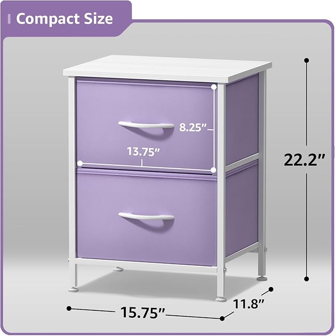 Sorbus Nightstand with 2 Drawers - Kids Bedside Furniture End Table Night Stand - Steel Frame, Wood Top & Easy Pull Fabric Bins - Dresser & Chest for Home, Bedroom Accessories, Office & College Dorm