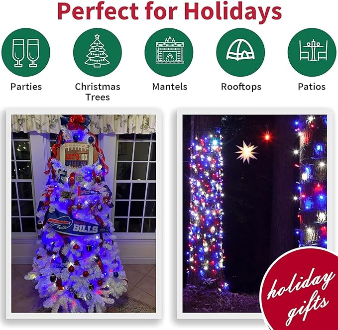 LAMPHOME 31.9FT 150-Count Red White and Blue Mini Lights,4th of July Patriotic String Light White Wire, Independence Day Lights for Indoor Outdoor Christmas Party Decor,Red White Blue