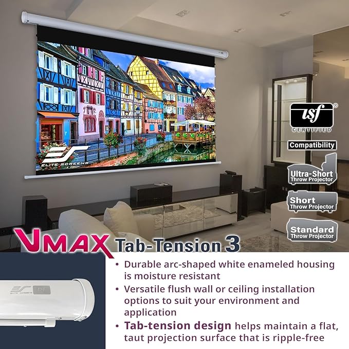 Elite Screens VMAX Tab Tension 3 Series, 120-INCH Electric Motorized Projector Screen Movie Home Theater Gaming, VMAXT120XWH3