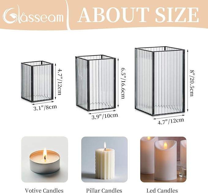 Glasseam Glass Hurricane Candle Holder: Square Black Candle Holders Set of 3 Metal Ribbed Pillar Candle Holder for Table Centerpiece Modern Small Lanterns Decorative Indoor Christmas Halloween Decor