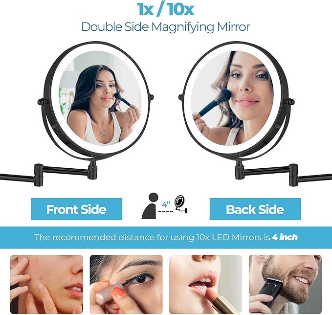 Fab Glass and Mirror Rechargeable 8" Lighted Vanity Makeup Mirror, Dual-Sided 1X/10X Magnification with 3 Color LED Touch Control, Dimmable & Rotating Wall Mounted Design (Black)