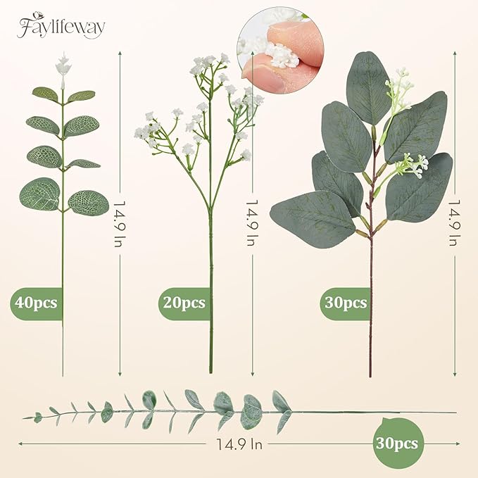 120 Pcs 4 Kinds Mixed Eucalyptus Greenery Stems, Baby Breath Flowers Artificial Bulk and Greenery Stems for DIY Bouquets Wedding Home Floral Decor