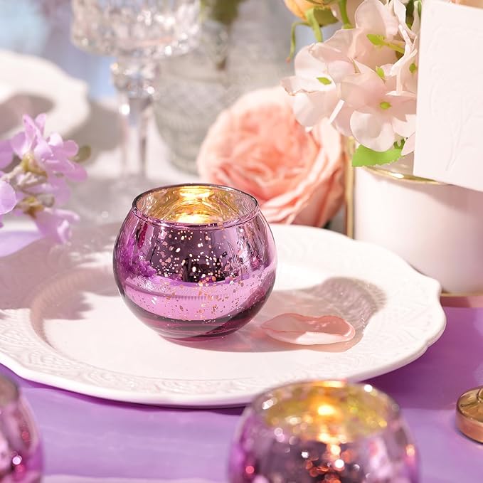 24 Pcs Purple Votive Candle Holders for Wedding Decor, Purple Mercury Glass Candle Holders for Table Centerpieces, Tea Light Holder for Wedding Bridal Shower Party Supplies