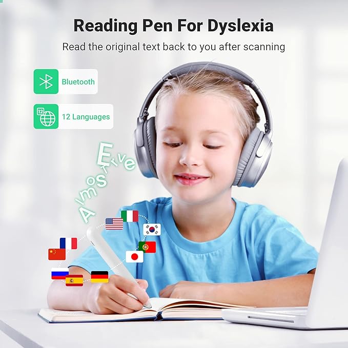 SVANTTO 102 Translator Pen Scanner, Text to Speech Device for Dyslexia, OCR Digital Highlighter Reader Pen, Exam Reading Pen, Bluetooth Langage Translator, No Monthly Fee（White）