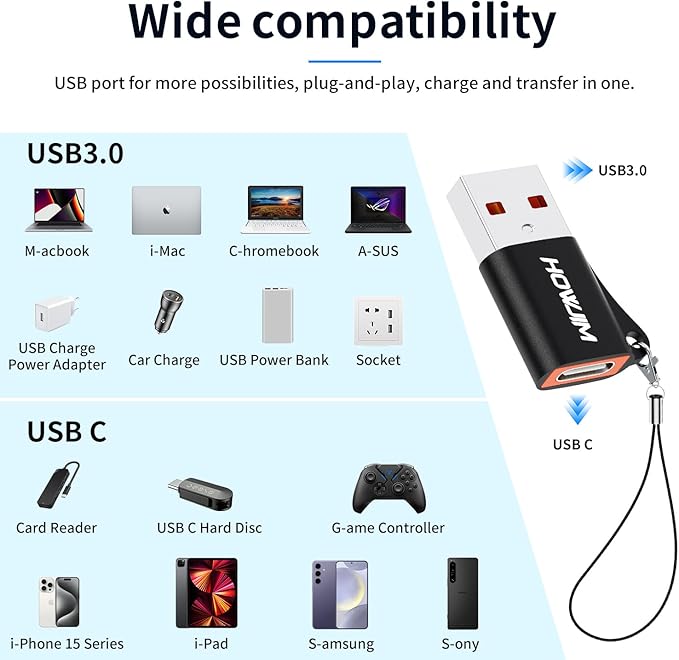 USB to USB C Adapter 4 Pack,USB C Female to USB 3.0 Male OTG Adapter,PD27W/66W Fast Charging 10Gbps Data Transfer for M-acBook Pad Phone 17/16/15 G-alaxy X-Peria Android Anti-Lost Lanyard Black