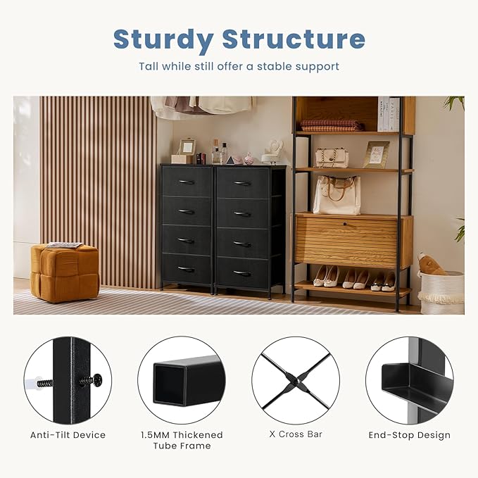 DUMOS Dresser for Bedroom 4 Drawers, Tall Fabric Closet Chests Organizer Tower Furniture with Wooden Top Metal Frame for Nursery, Living Room, Closet, Black