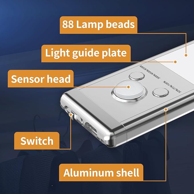 Under Cabinet Lights,88 LED Operated Motion Sensor Light Indoor,2200mAh USB Rechargeable Closet Lights, 4 Pack Magnetic Dimmable Closet Lights，Wireless Under Counter Lights for Kitchen, Stairs