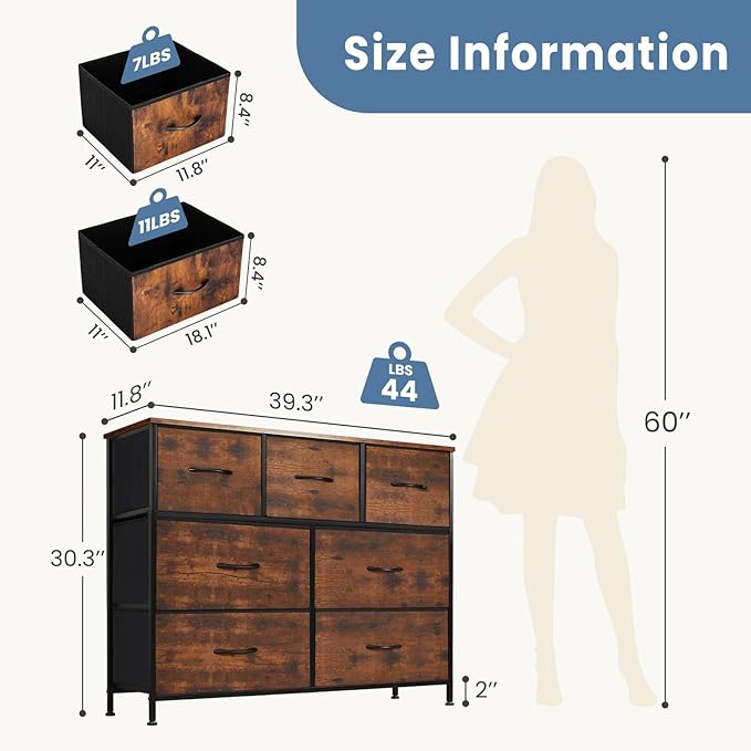 DUMOS Dresser for Bedroom with 7 Fabric Drawers, Chest Organizer Units for Clothing, Closet, Guestroom, Storage Tower with Cabinet, Metal Frame, Wooden Top, Lightweight Nursery Furniture, Brown